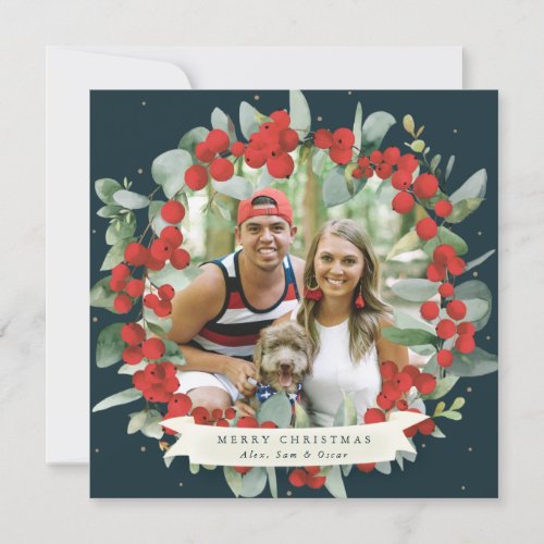 RoundSquare Red BerryEucalyptus Christmas Wreath Holiday Card