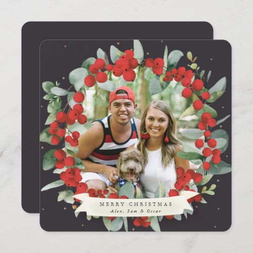 RoundSquare Red BerryEucalyptus Christmas Wreath Holiday Card