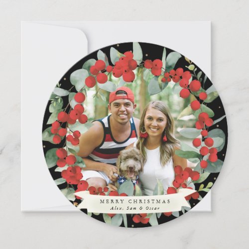 RoundSquare Red BerryEucalyptus Christmas Wreath Holiday Card