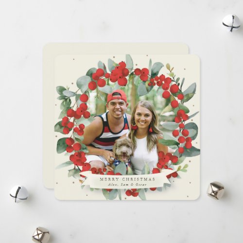 RoundSquare Red BerryEucalyptus Christmas Wreath Holiday Card