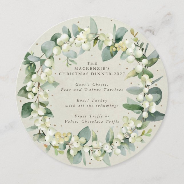 Round/Square Snowberry Wreath Christmas Dinner Menu (Front)