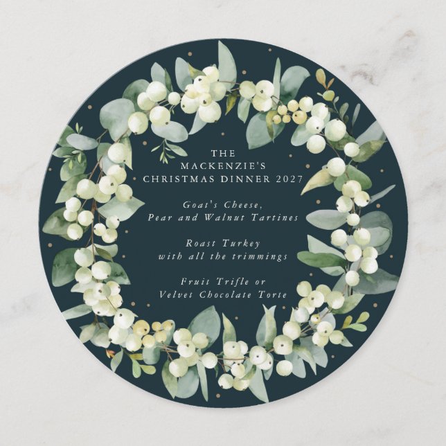Round/Square Snowberry Wreath Christmas Dinner Menu (Front)