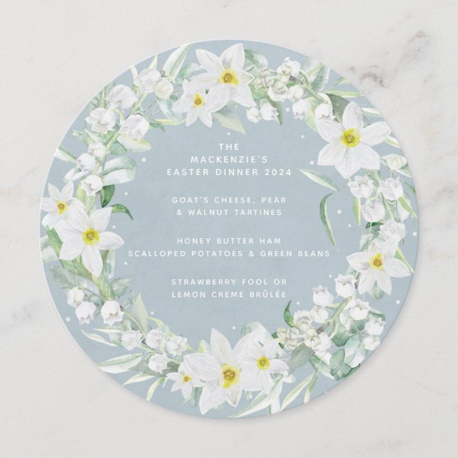 Round/Square White Spring Flowers Easter Wreath Menu (Front)