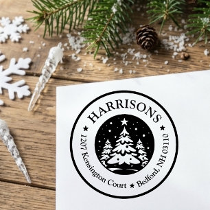 Round Starry Christmas Tree Return Address Custom Rubber Stamp