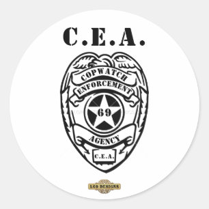 round sticker "COPWATCH ENFORCEMENT AGENCY"