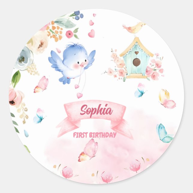 round sticker first birthday party butterfly garde (Front)