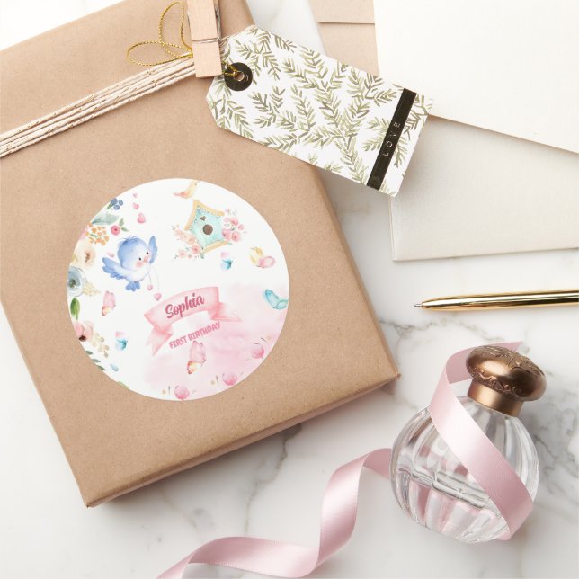 round sticker first birthday party butterfly garde (Gifting)
