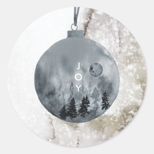 Round Sticker JOY Christmas Snow Tree Blue Bauble