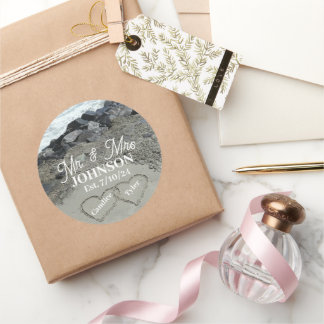 Round Sticker Labels - Two Hearts In The Sand