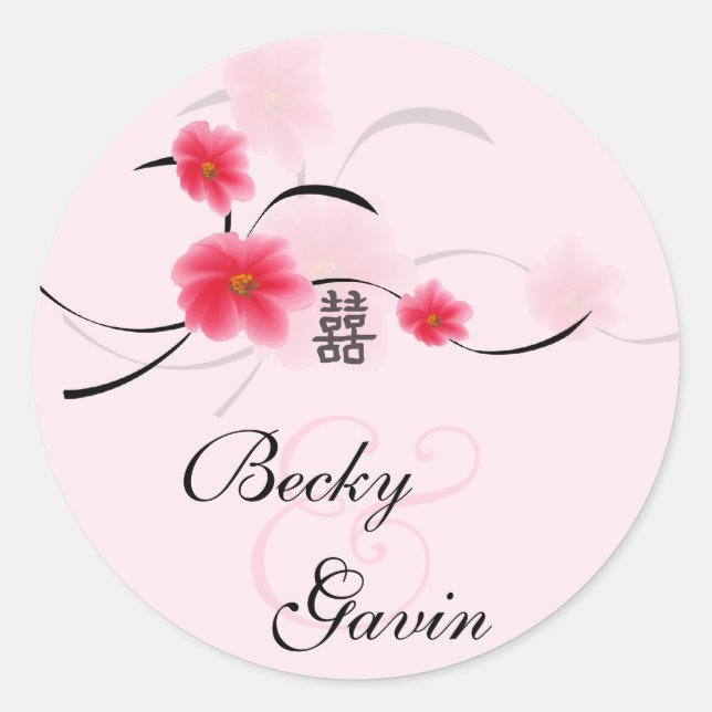 Round Sticker Pink Blossom Double Happiness (Front)