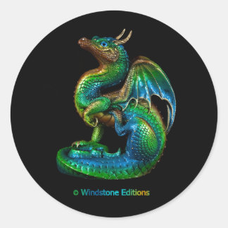 round sticker with a colorful scratching dragon