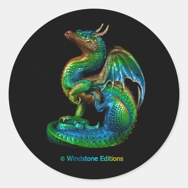 round sticker with a colorful scratching dragon (Front)