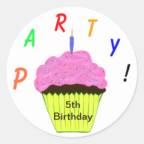 Round Stickers 5th Birthday Party Pink Cupcake