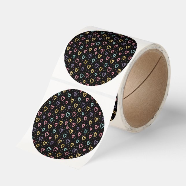 Round Stickers Black Colorful Hearts Love  (Roll)