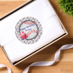 Round Stickers Blue White Stripe Baseball Birthday