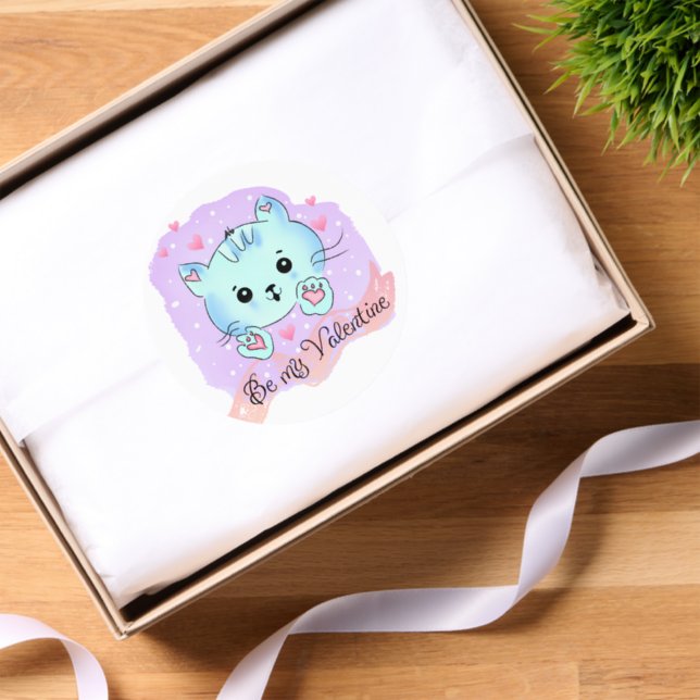 Round Stickers Cat Be My Valentine Love  (Tissue Paper)
