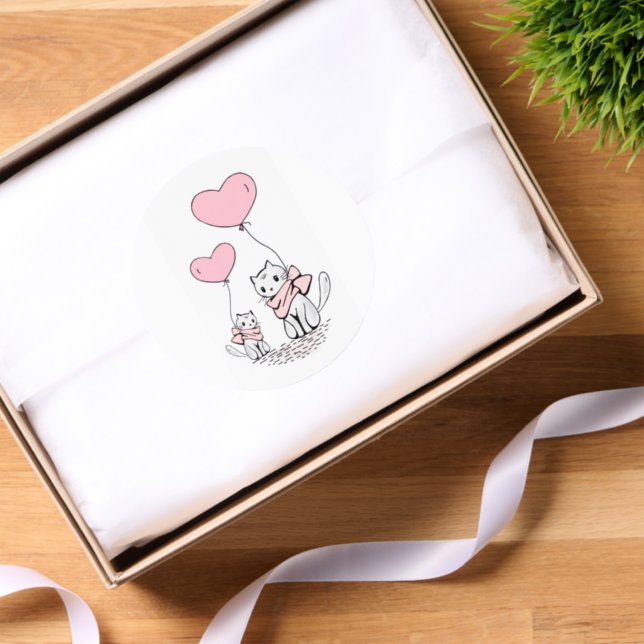 Round Stickers Cats Pink Hearts Love  (Tissue Paper)