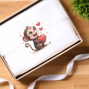 Round Stickers Monkey Red Hearts Love 