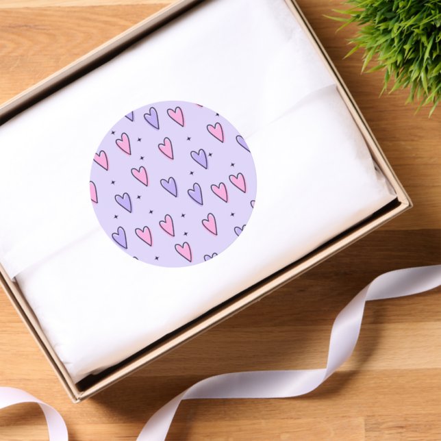 Round Stickers Pink & Purple Hearts Love  (Tissue Paper)