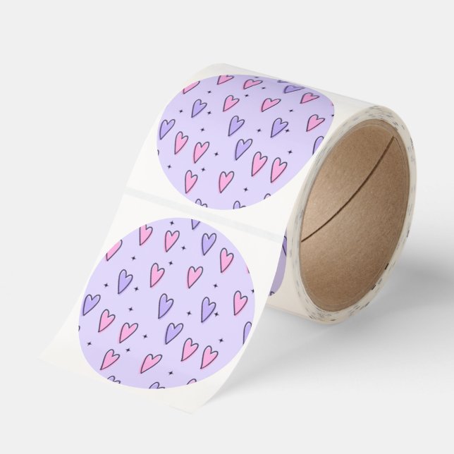 Round Stickers Purple Pink Hearts Love  (Roll)