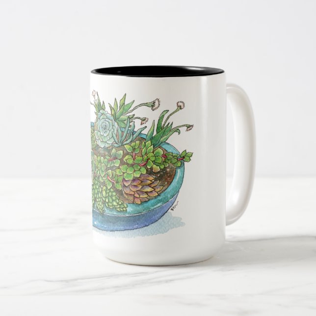 Round Succulent Garden Two-Tone Coffee Mug (Front Right)