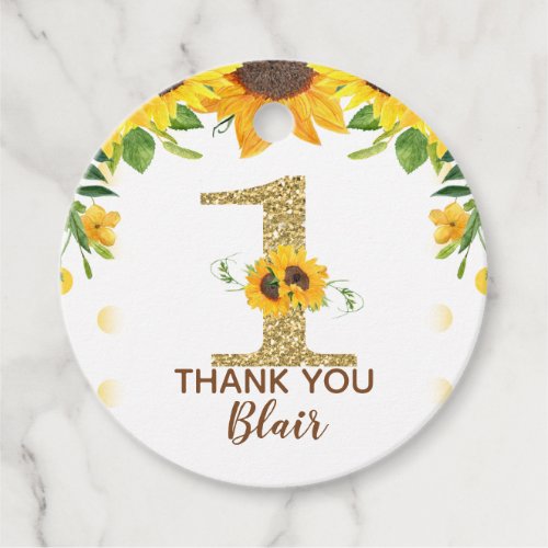 Round sunflower themed first birthday favor tag