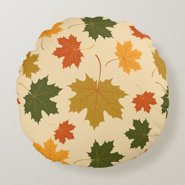 Round Throw Pillow-Autumn Falling Leaves Pillow (Front)