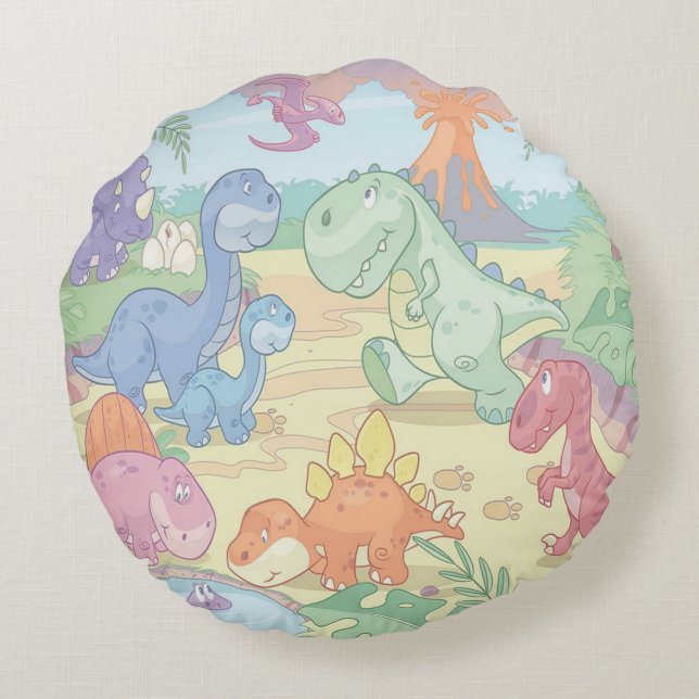 Round Throw Pillow/Cartoon Dinosaurs Pillow (Back)