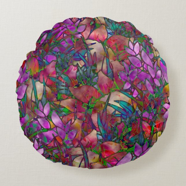 Round Throw Pillow Floral Stained Glass (Front)