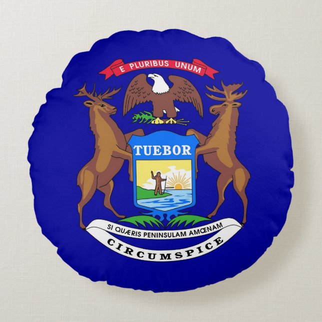 Round Throw Pillow with flag of Michigan, USA (Front)