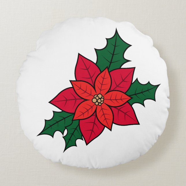 Round Throw Pillow With Red Christmas Poinsettia (Front)