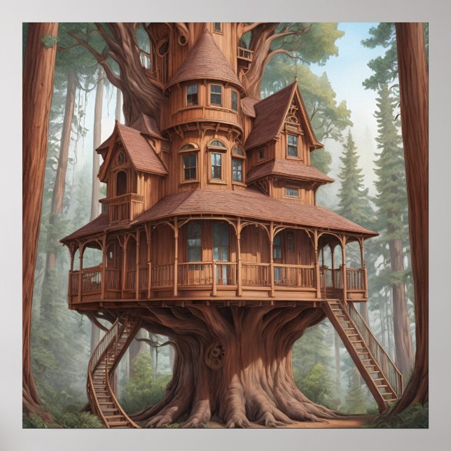 Round victorian tree house in redwood tree poster (Front)