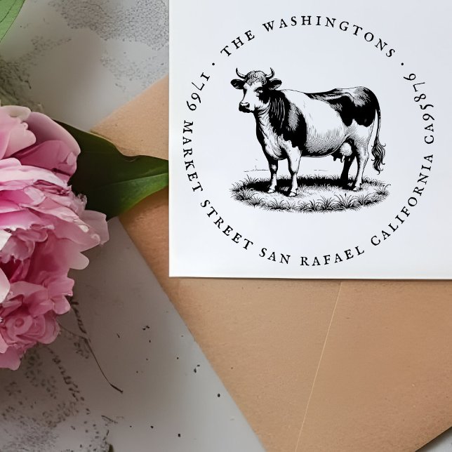 Round Vintage Cow Family Name Return Address Rubber Stamp (Creator Uploaded)