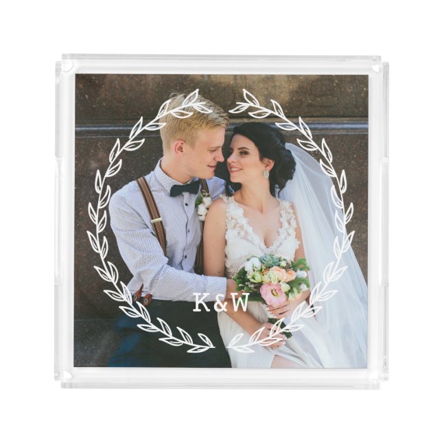 Round Vintage Frame Monogrammed Photo Acrylic Tray (Front)