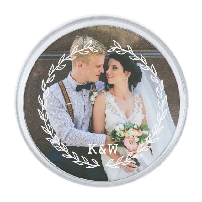 Round Vintage Frame Monogrammed Photo Silver Finish Lapel Pin (Front)