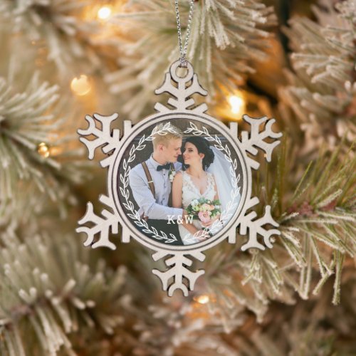 Round Vintage Frame Monogrammed Photo Snowflake Pewter Christmas Ornament