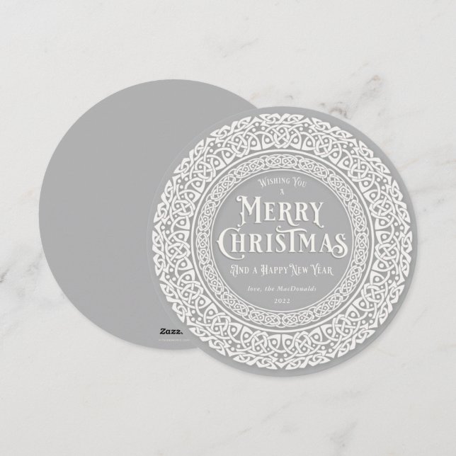 Round Vintage Gray + Off White Celtic Holiday Card (Front/Back)
