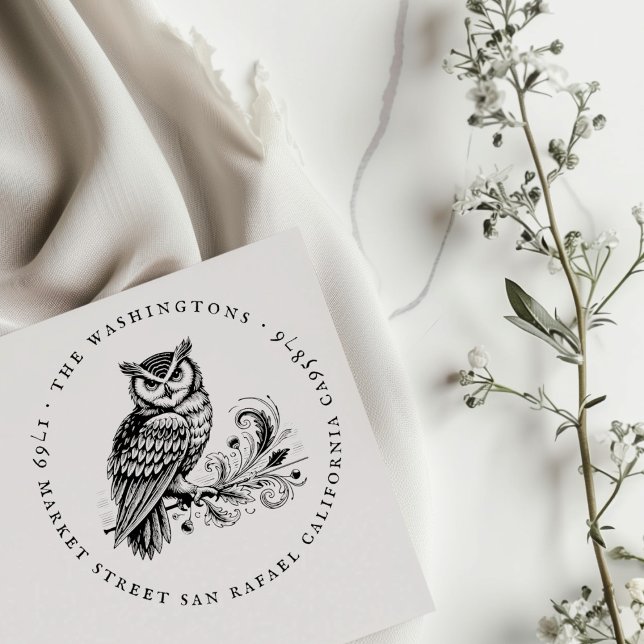 Round Vintage Owl Family Name Return Address Rubber Stamp (Creator Uploaded)