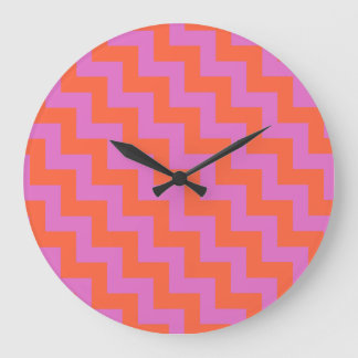 Round Wall Clock, Magenta and Orange Chevrons Large Clock
