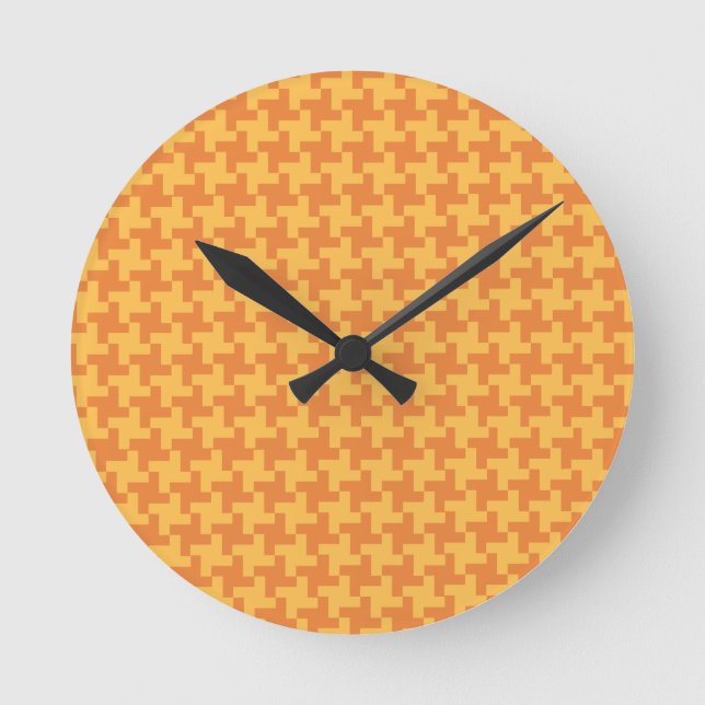 Round Wall Clock, Orange Dogstooth Check Clock (Front)