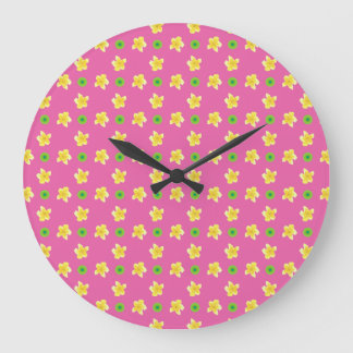 Round Wall Clock: Primroses on Deep Pink, Polkas Large Clock