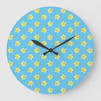 Round Wall Clock: Primroses on Turquoise Blue Large Clock
