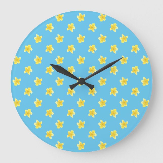 Round Wall Clock: Primroses on Turquoise Blue Large Clock (Front)