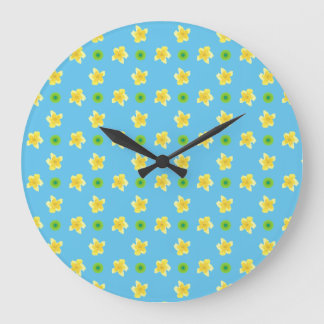 Round Wall Clock: Primroses on Turquoise, Polkas Large Clock
