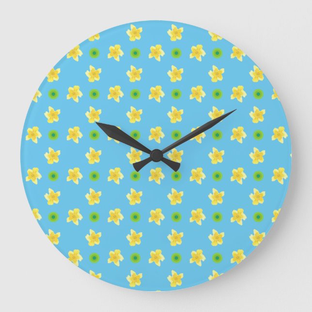 Round Wall Clock: Primroses on Turquoise, Polkas Large Clock (Front)