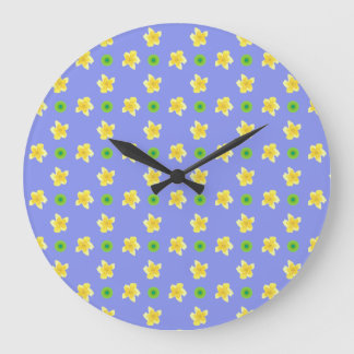 Round Wall Clock: Primroses on Violet Blue, Polkas Large Clock