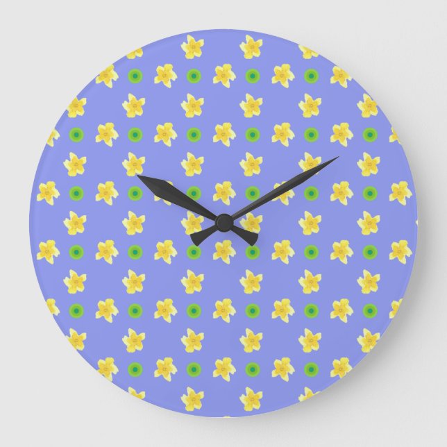 Round Wall Clock: Primroses on Violet Blue, Polkas Large Clock (Front)