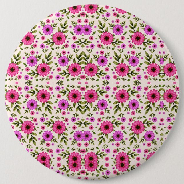 Round wall clock with a vibrant floral design button (Front)