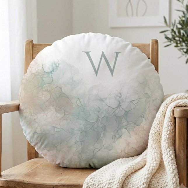 Round Watercolor Abstract Initial Pillow (Soft watercolor initial round pillow, perfect for a cozy living room update or a thoughtful gift.)