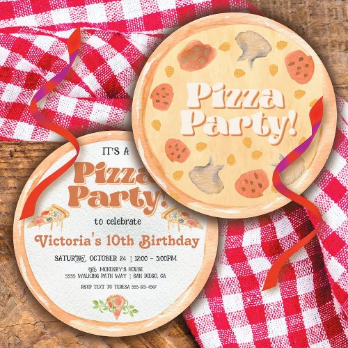 Round Watercolor Pizza Birthday Party Invitation